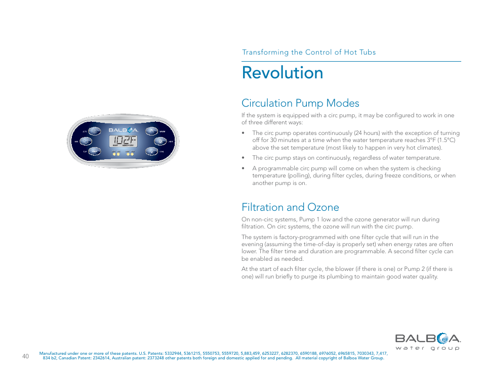 Revolution, Filtration and ozone, Circulation pump modes | Transforming the control of hot tubs | Balboa Water Group Revolution User Manual | Page 40 / 74