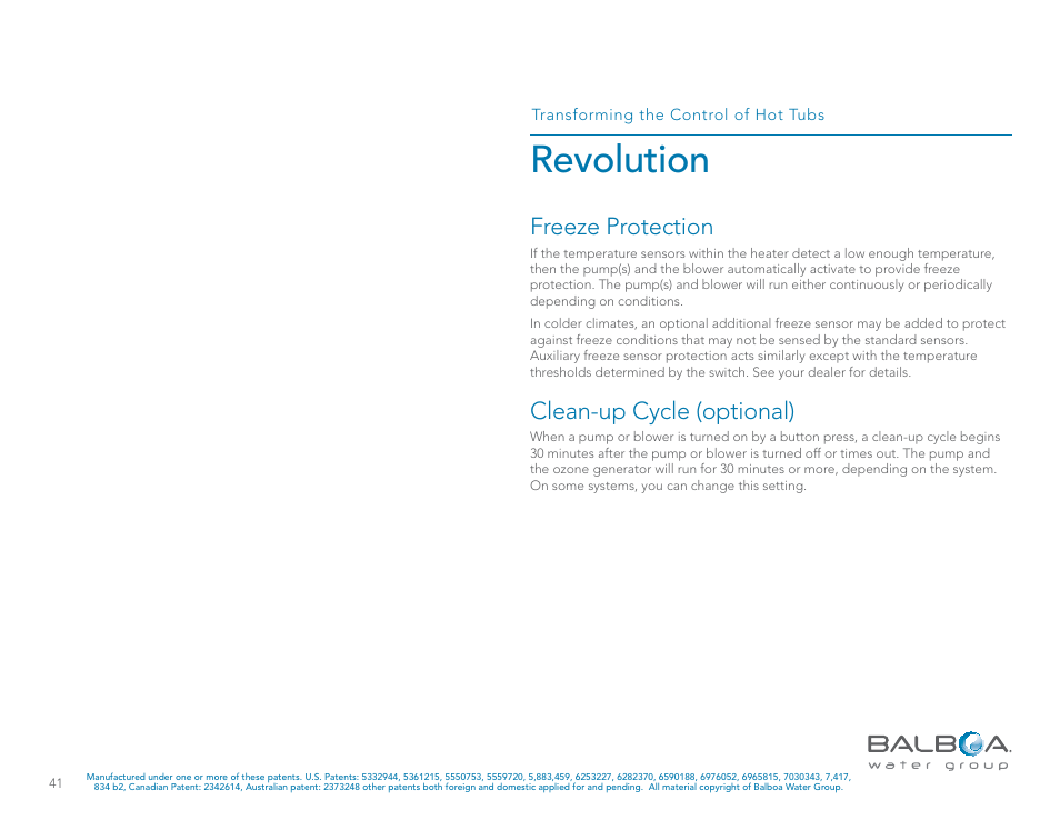 Revolution, Freeze protection, Clean-up cycle (optional) | Balboa Water Group Revolution User Manual | Page 41 / 74