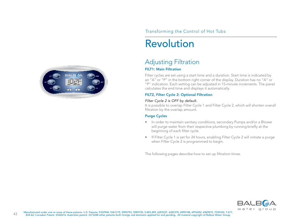 Revolution, Adjusting filtration, Transforming the control of hot tubs | Balboa Water Group Revolution User Manual | Page 43 / 74