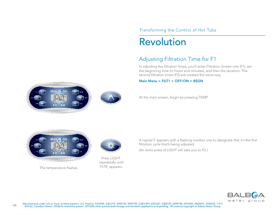 Revolution, Adjusting filtration time for f1, Transforming the control of hot tubs | Appears | Balboa Water Group Revolution User Manual | Page 44 / 74