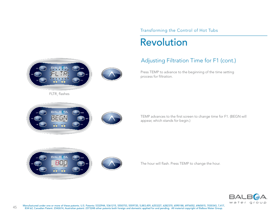 Revolution, Adjusting filtration time for f1 (cont.), Transforming the control of hot tubs | Fltr, Flashes | Balboa Water Group Revolution User Manual | Page 45 / 74