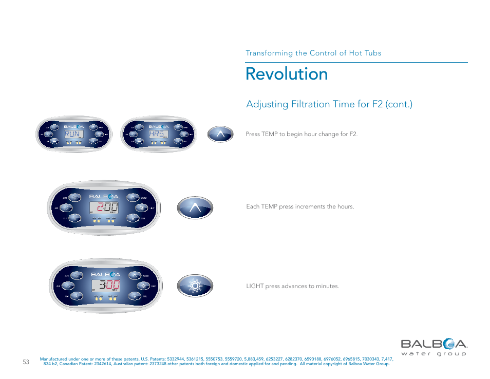 Revolution, Adjusting filtration time for f2 (cont.), Transforming the control of hot tubs | Balboa Water Group Revolution User Manual | Page 53 / 74