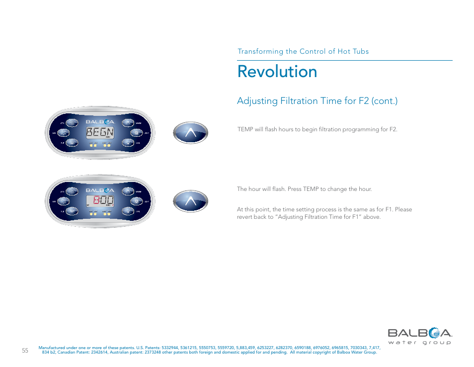 Revolution, Adjusting filtration time for f2 (cont.), Transforming the control of hot tubs | Balboa Water Group Revolution User Manual | Page 55 / 74