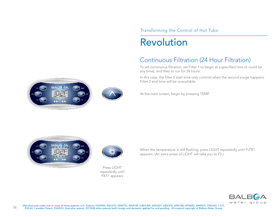 Revolution, Continuous filtration (24 hour filtration), Transforming the control of hot tubs | Balboa Water Group Revolution User Manual | Page 56 / 74