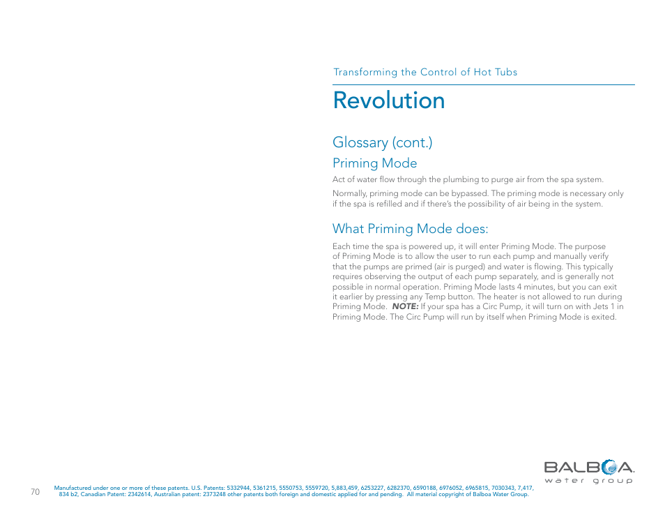 Revolution, Glossary (cont.), Priming mode | What priming mode does | Balboa Water Group Revolution User Manual | Page 70 / 74