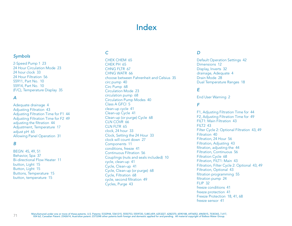 Index | Balboa Water Group Revolution User Manual | Page 71 / 74