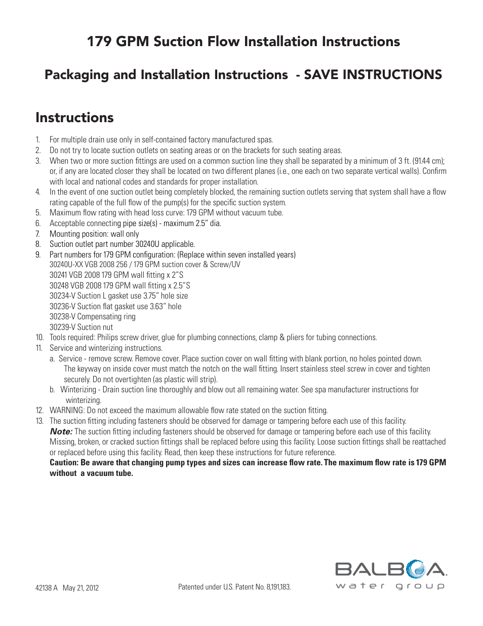 Balboa Water Group VGB 2008 179 GPM Suction Flow User Manual | 2 pages