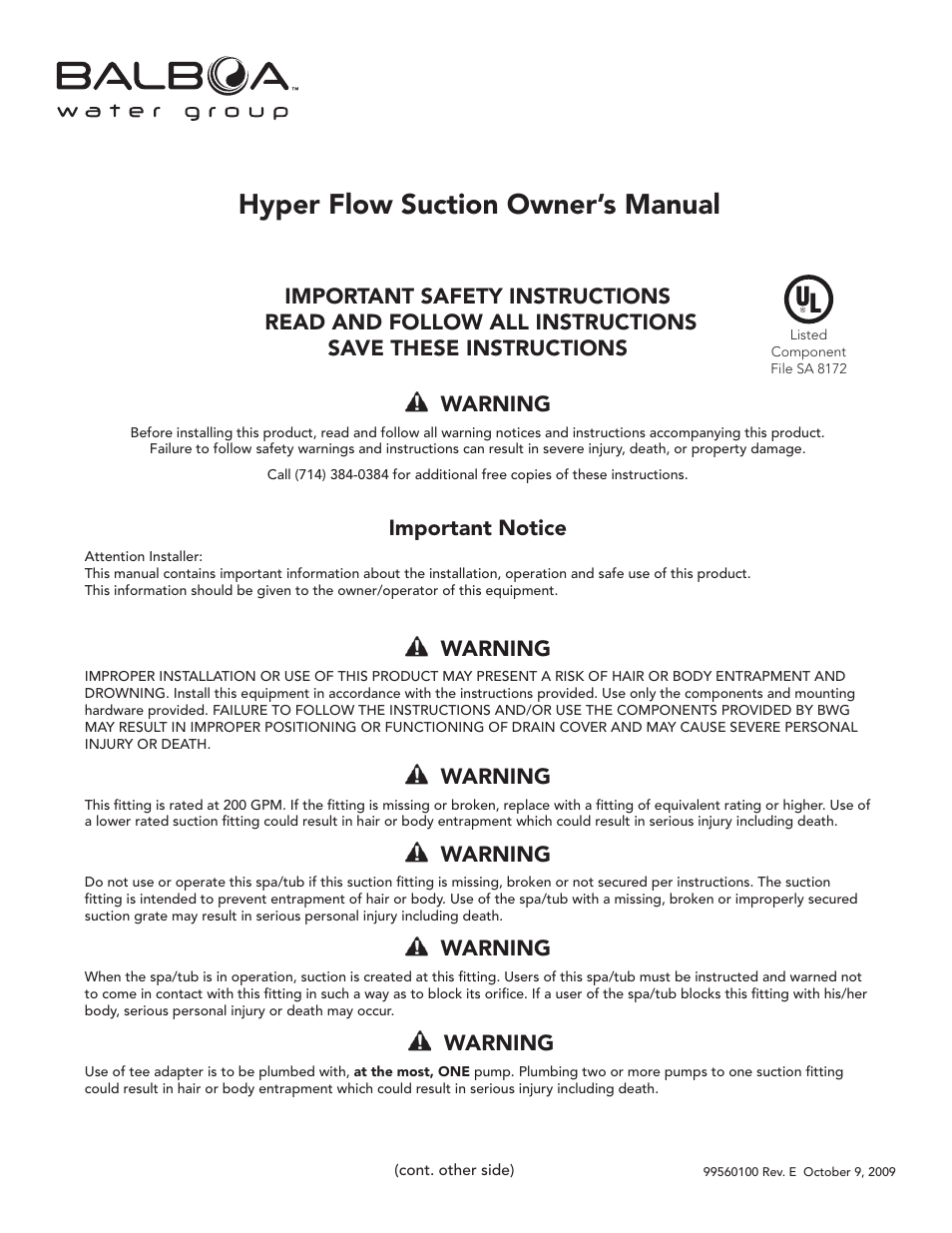Balboa Water Group Hyper Flow Suction User Manual | 2 pages