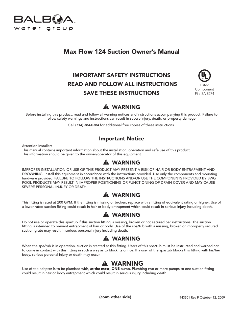 Balboa Water Group Max Flow 124 Suction User Manual | 2 pages