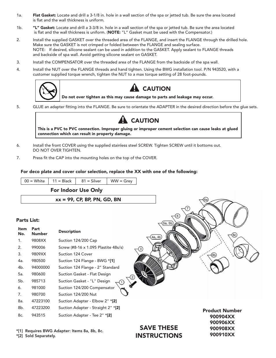 Save these instructions, Caution, For indoor use only | Balboa Water Group Max Flow 124 Suction User Manual | Page 2 / 2