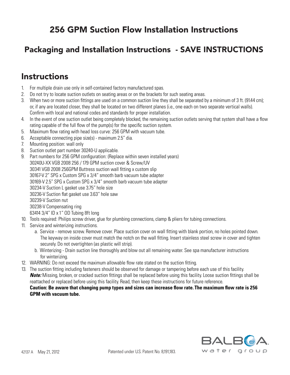 Balboa Water Group VGB 2008 256 GPM Suction Flow User Manual | 2 pages