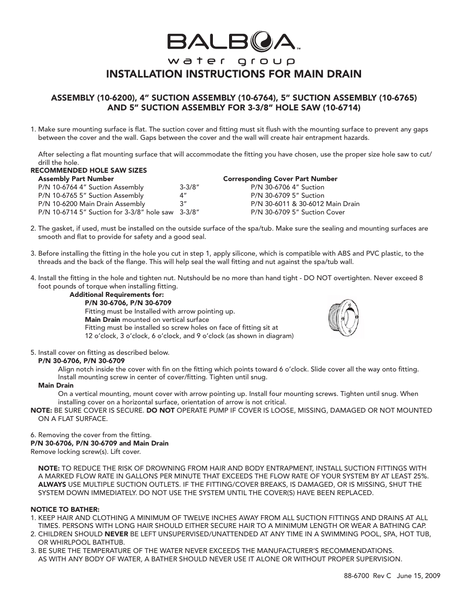 Balboa Water Group Main Drain User Manual | 2 pages