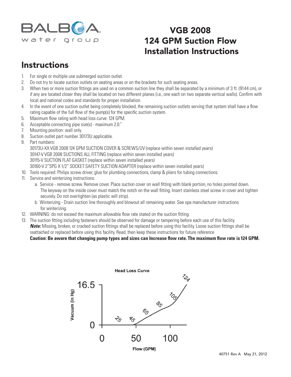 Balboa Water Group VGB 2008 124 GPM Suction Flow User Manual | 2 pages