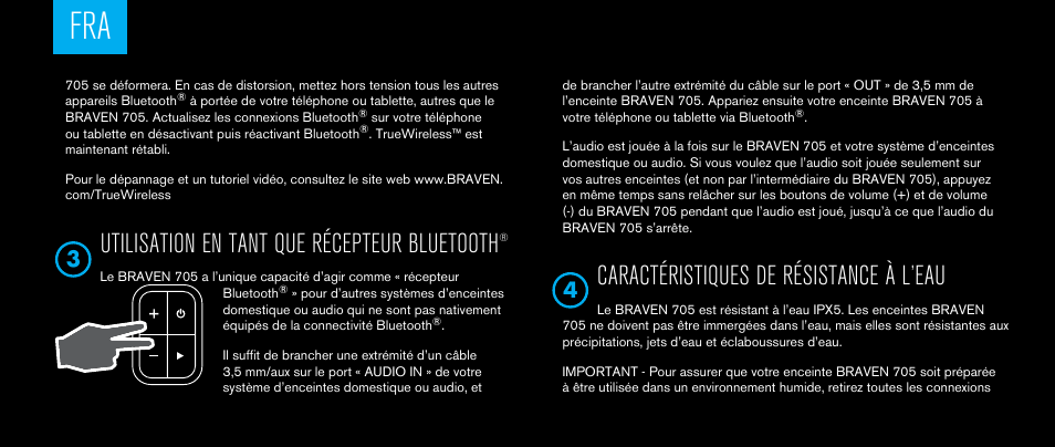 Utilisation en tant que récepteur bluetooth, Caractéristiques de résistance à l’eau | BRAVEN 705 User Manual | Page 14 / 60