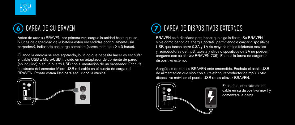 Carga de su braven, Carga de dispositivos externos | BRAVEN 705 User Manual | Page 22 / 60