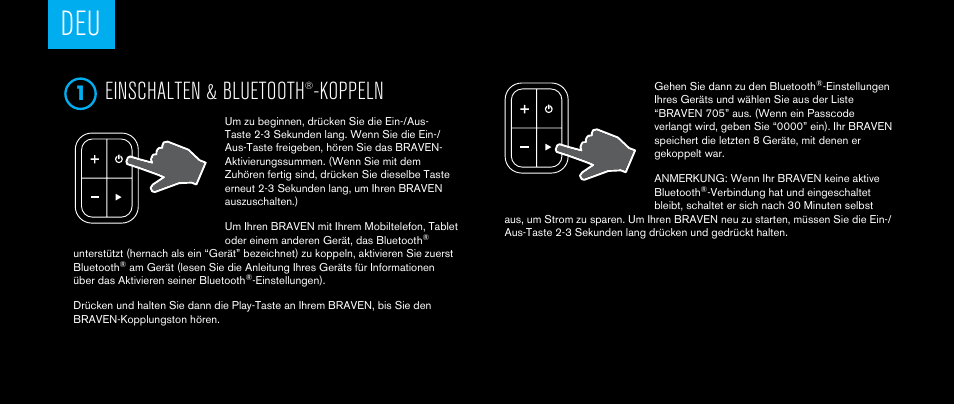 Einschalten & bluetooth, Koppeln | BRAVEN 705 User Manual | Page 24 / 60