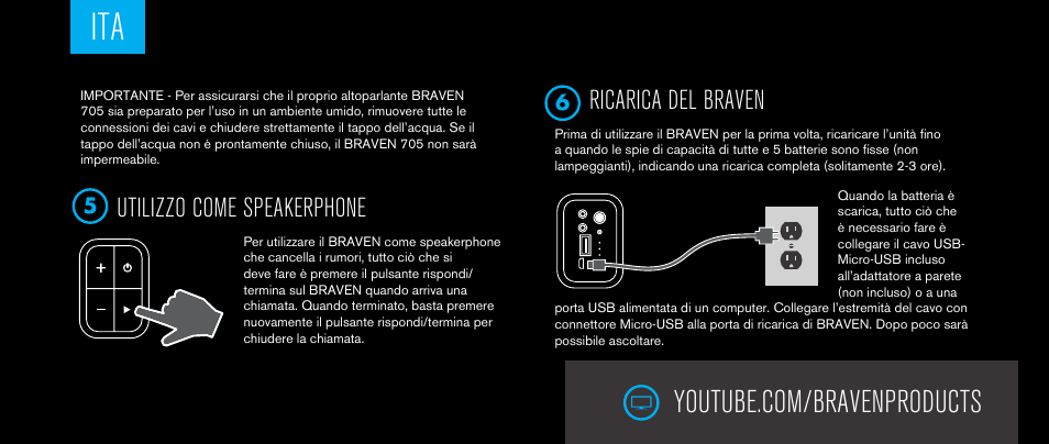 Utilizzo come speakerphone, Ricarica del braven | BRAVEN 705 User Manual | Page 33 / 60