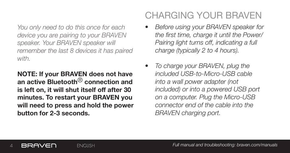 Charging your braven | BRAVEN MIRA BY BRAVEN User Manual | Page 4 / 56