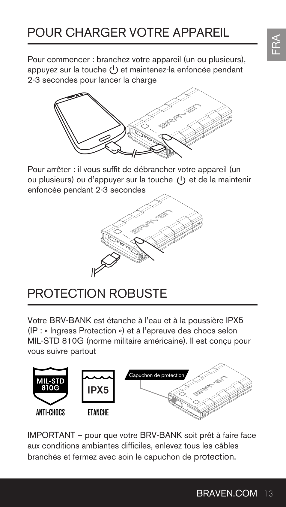 Pour charger votre appareil protection robuste | BRAVEN BRV-BANK User Manual | Page 13 / 76