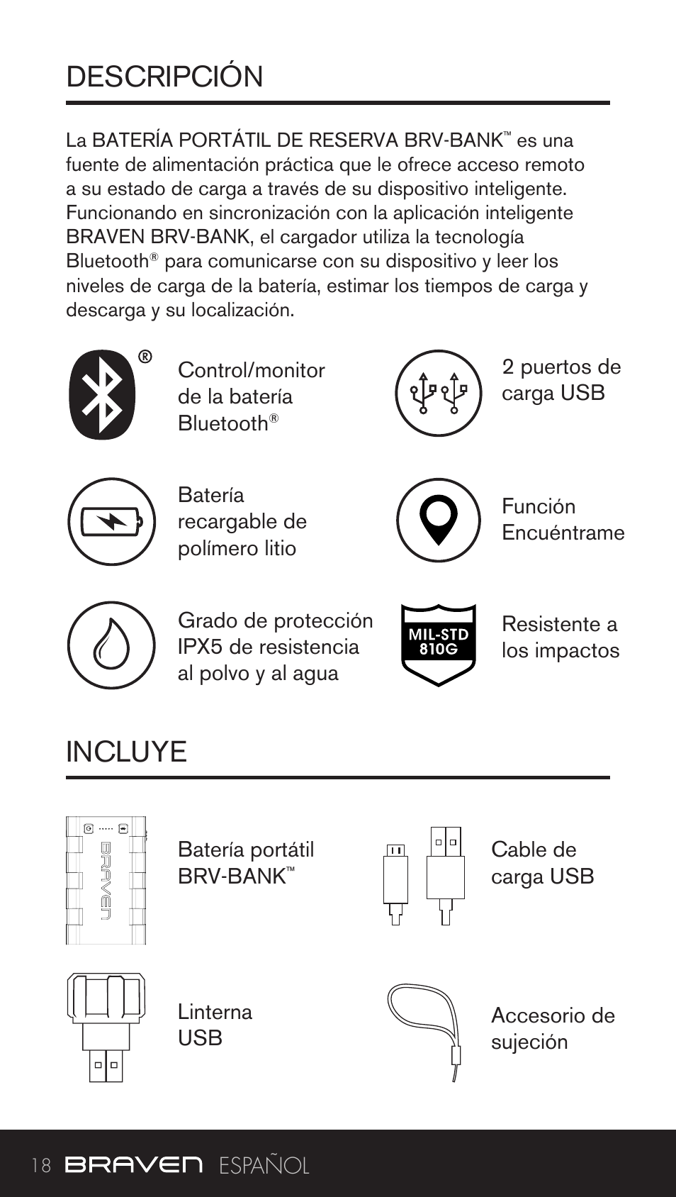 Descripción incluye | BRAVEN BRV-BANK User Manual | Page 18 / 76