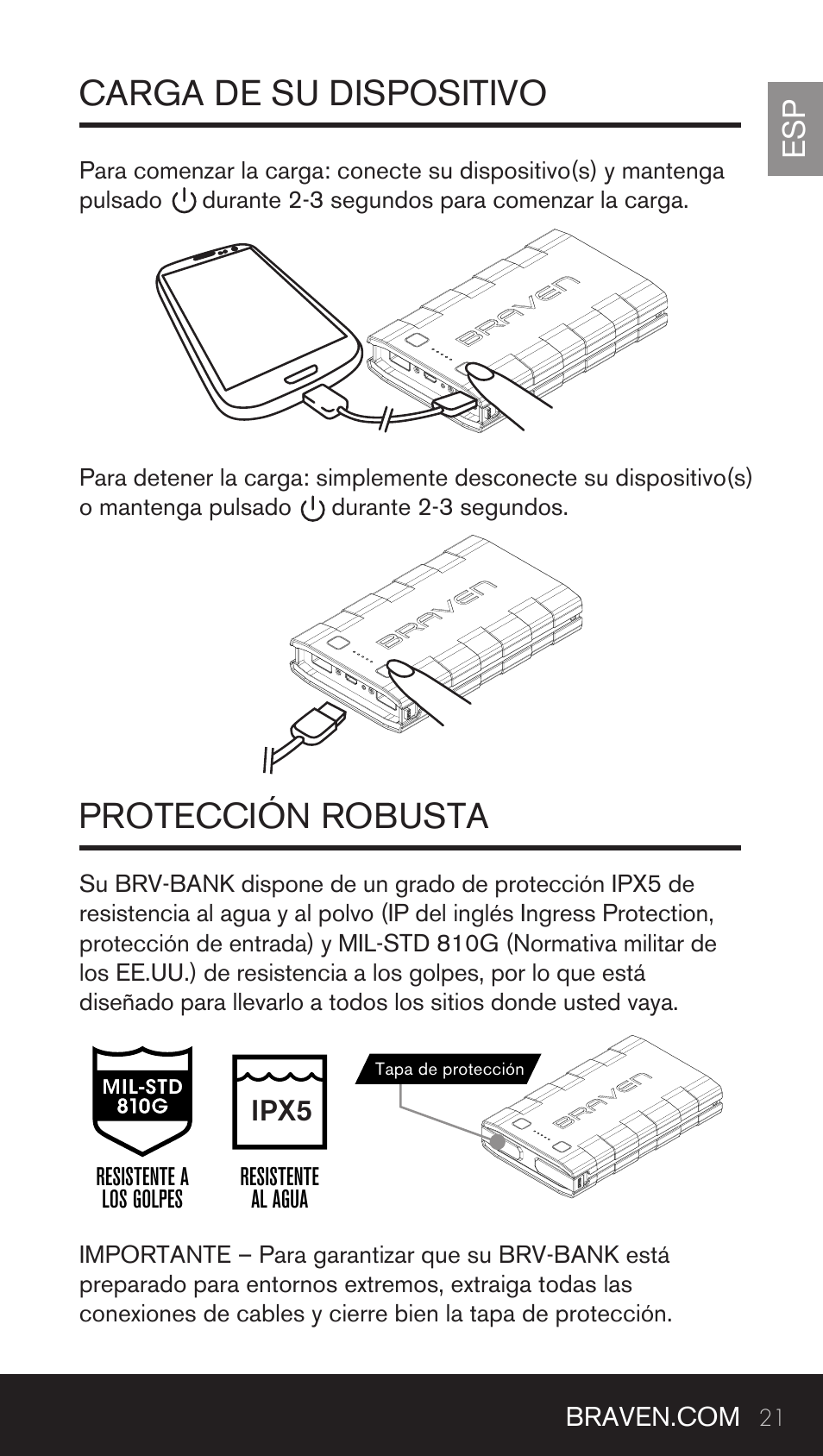 Carga de su dispositivo protección robusta | BRAVEN BRV-BANK User Manual | Page 21 / 76