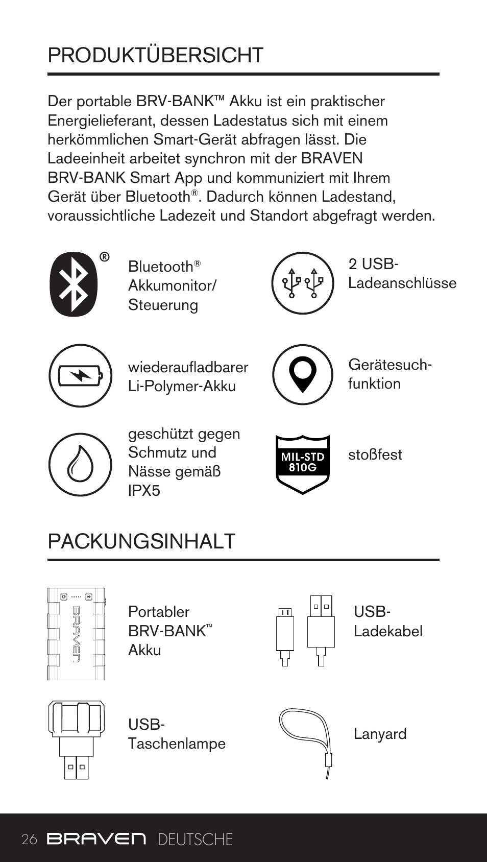 Produktübersicht packungsinhalt | BRAVEN BRV-BANK User Manual | Page 26 / 76