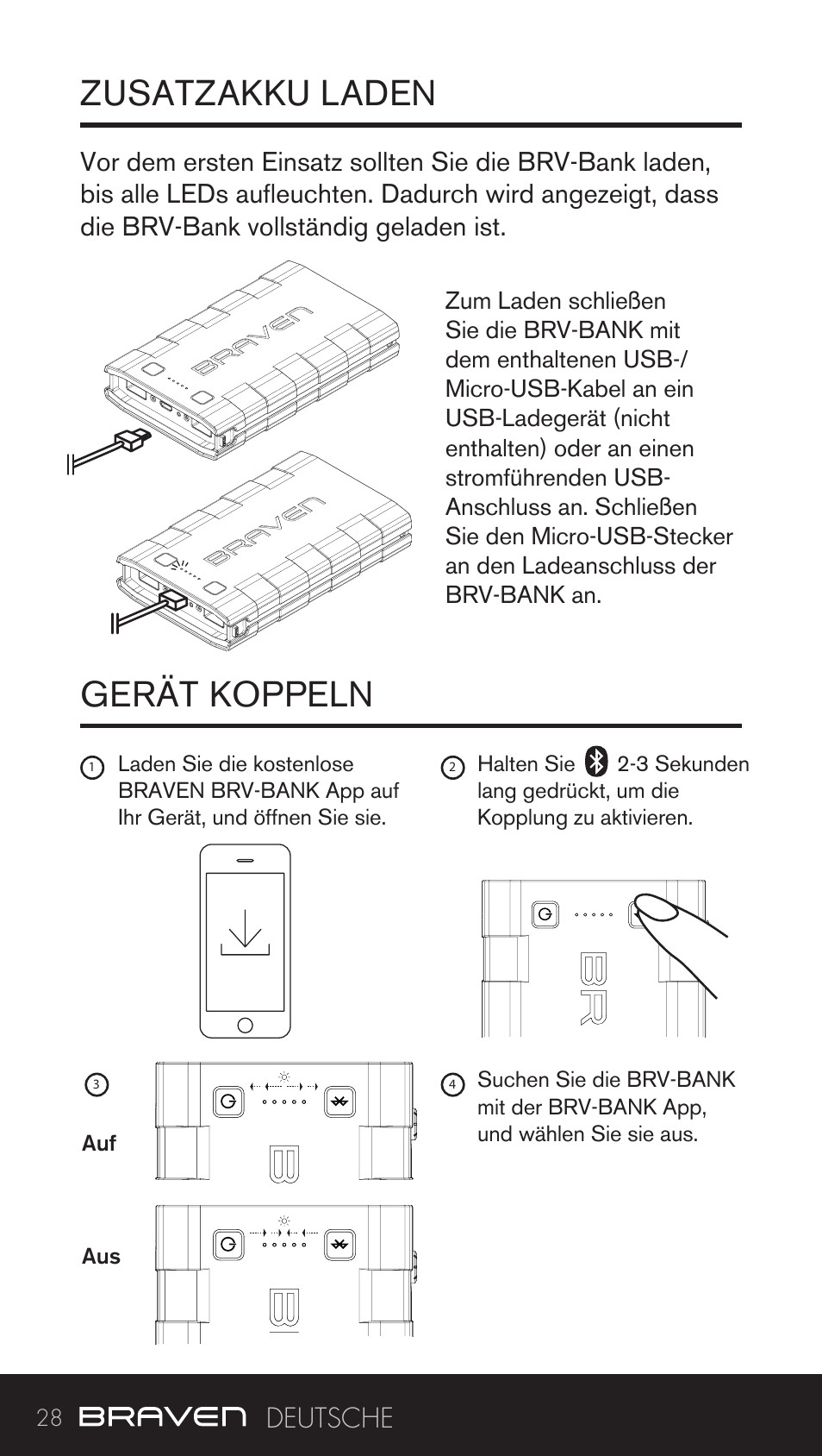 Zusatzakku laden gerät koppeln | BRAVEN BRV-BANK User Manual | Page 28 / 76