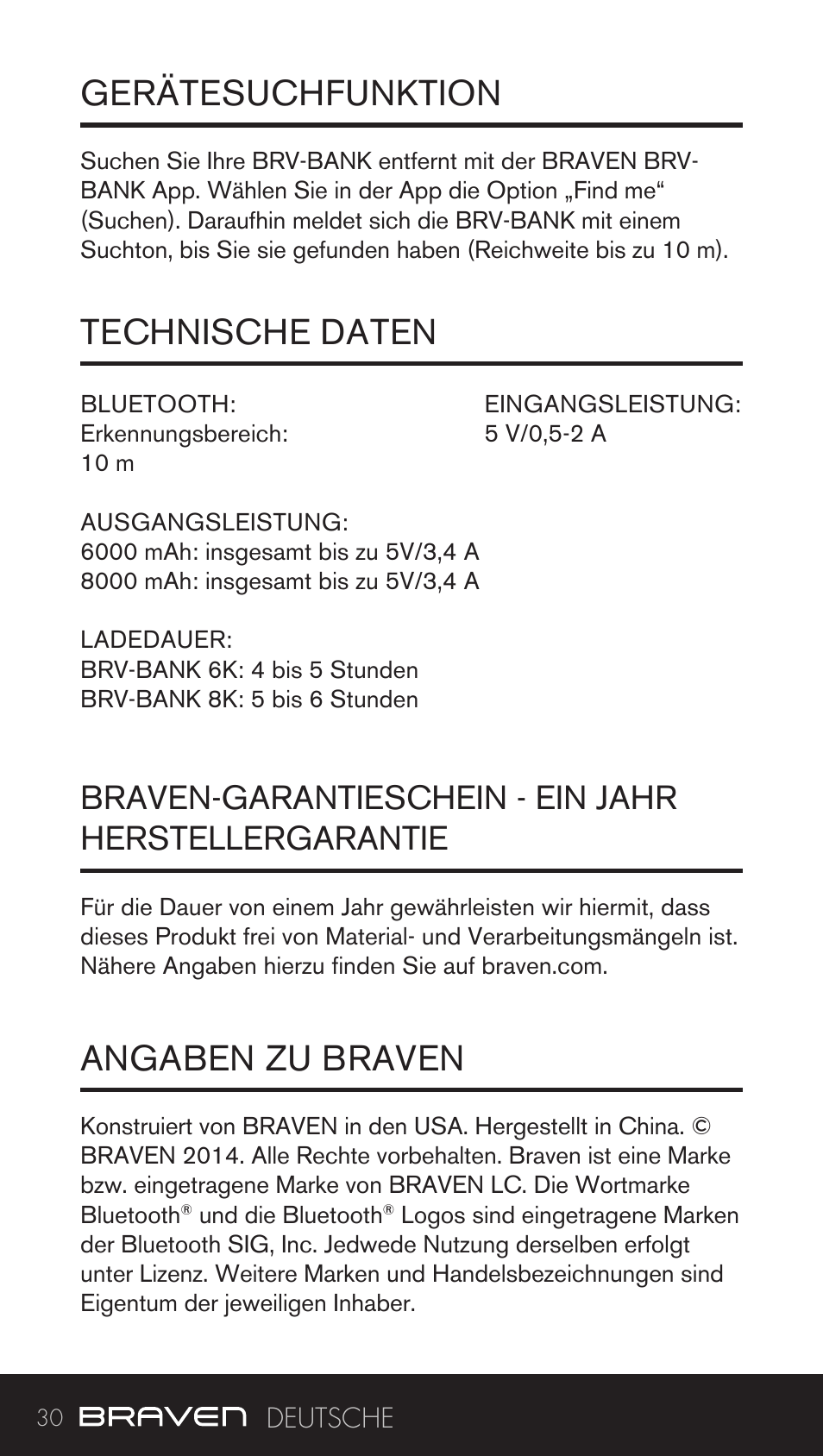 Gerätesuchfunktion technische daten, Angaben zu braven | BRAVEN BRV-BANK User Manual | Page 30 / 76