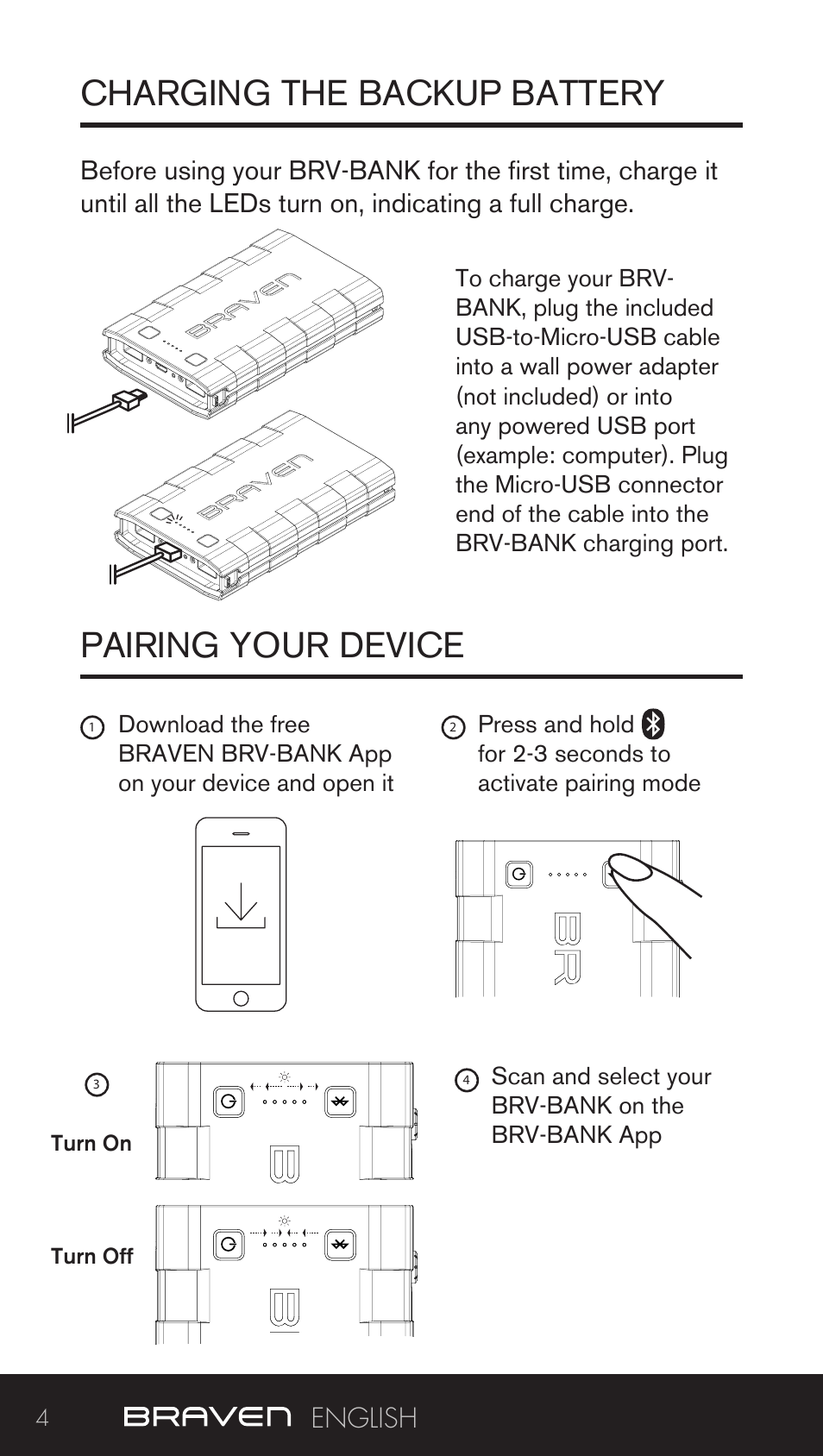 Charging the backup battery pairing your device | BRAVEN BRV-BANK User Manual | Page 4 / 76