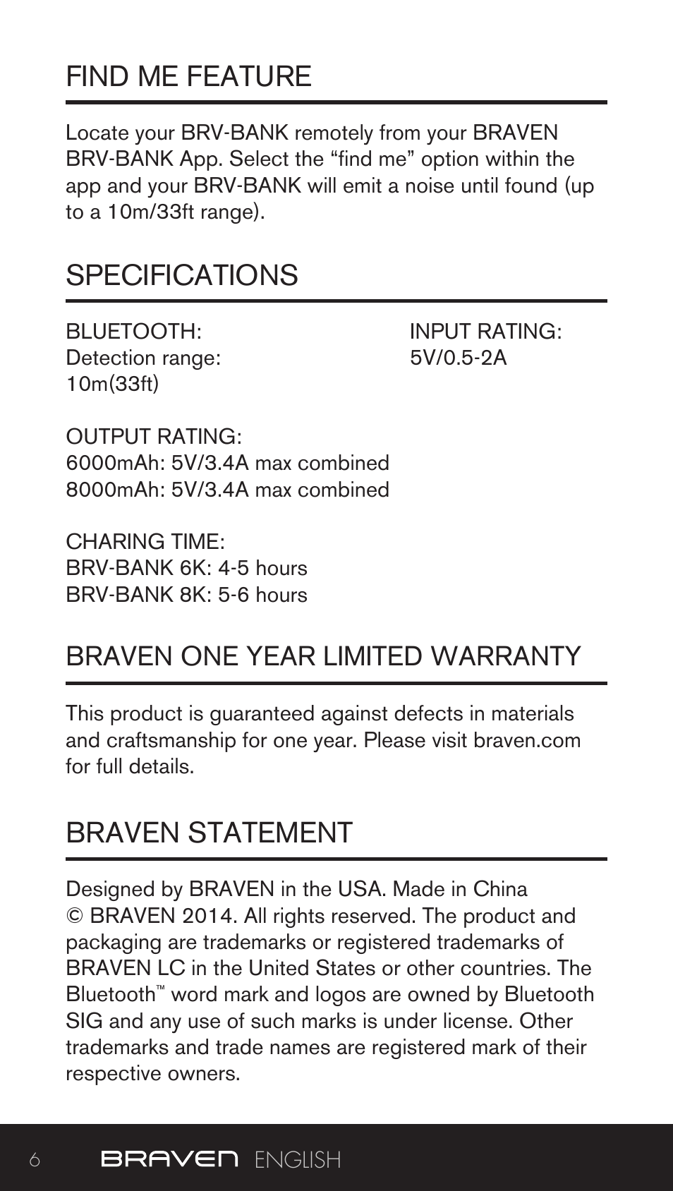 Find me feature specifications, Braven statement | BRAVEN BRV-BANK User Manual | Page 6 / 76