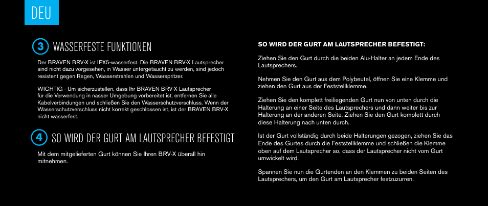 Wasserfeste funktionen, So wird der gurt am lautsprecher befestigt | BRAVEN BRV-X User Manual | Page 28 / 64