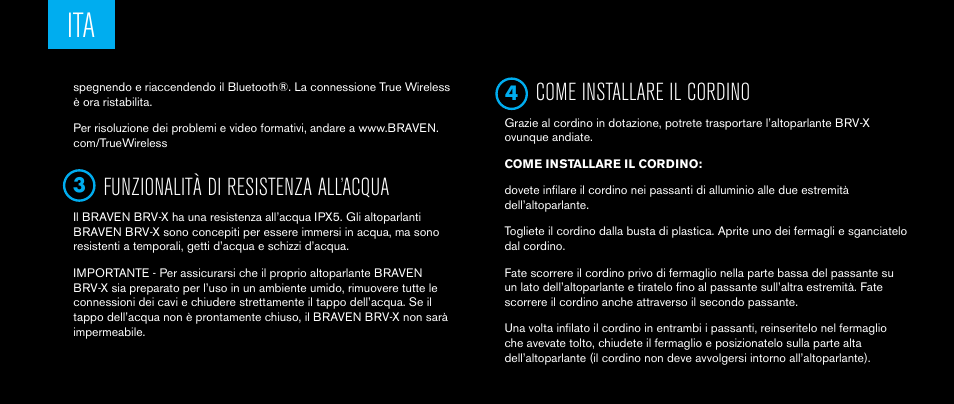 Funzionalità di resistenza all’acqua, Come installare il cordino | BRAVEN BRV-X User Manual | Page 34 / 64