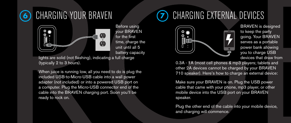 Charging your braven, Charging external devices | BRAVEN 710 User Manual | Page 13 / 48