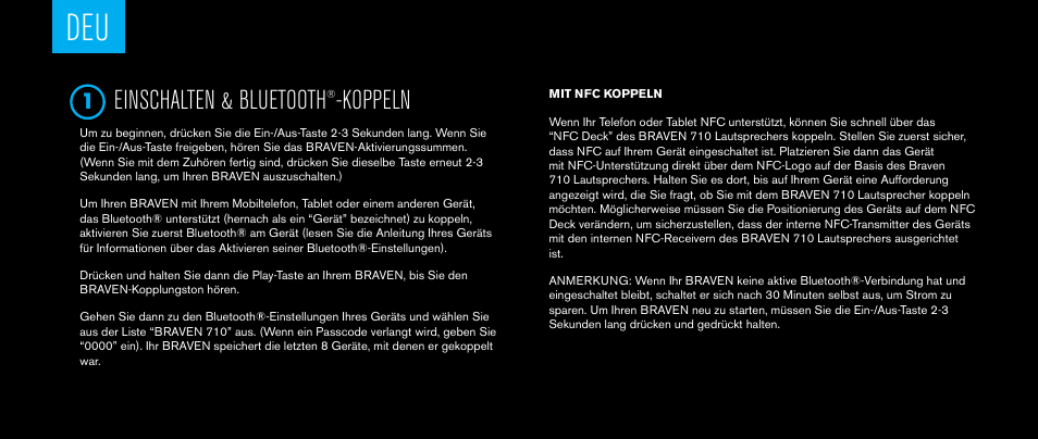 Einschalten & bluetooth, Koppeln | BRAVEN 710 User Manual | Page 22 / 48