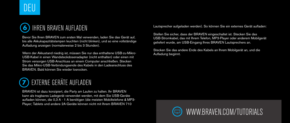 Ihren braven aufladen, Externe geräte aufladen | BRAVEN 710 User Manual | Page 25 / 48