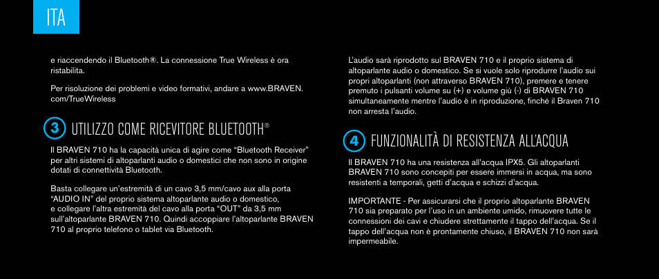 Utilizzo come ricevitore bluetooth, Funzionalità di resistenza all’acqua | BRAVEN 710 User Manual | Page 28 / 48