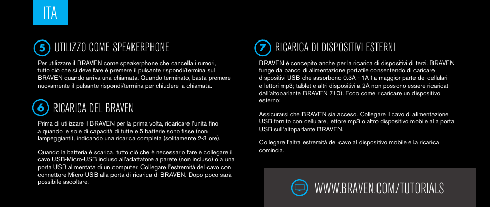 Utilizzo come speakerphone, Ricarica del braven, Ricarica di dispositivi esterni | BRAVEN 710 User Manual | Page 29 / 48