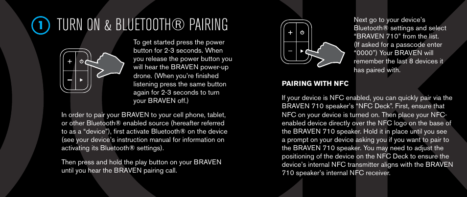 Turn on & bluetooth® pairing | BRAVEN 710 User Manual | Page 5 / 48