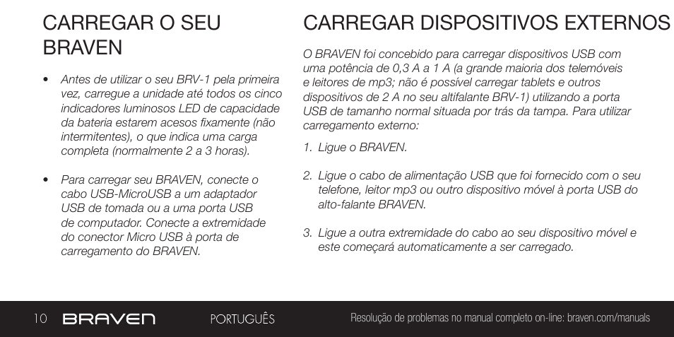 Carregar o seu braven, Carregar dispositivos externos | BRAVEN BRV-1 User Manual | Page 10 / 56