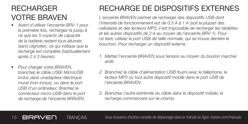 Recharger votre braven, Recharge de dispositifs externes | BRAVEN BRV-1 User Manual | Page 16 / 56