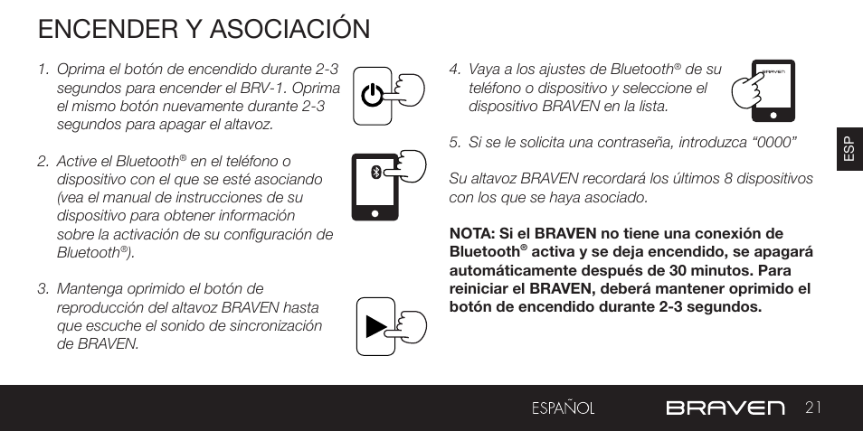 Encender y asociación | BRAVEN BRV-1 User Manual | Page 21 / 56