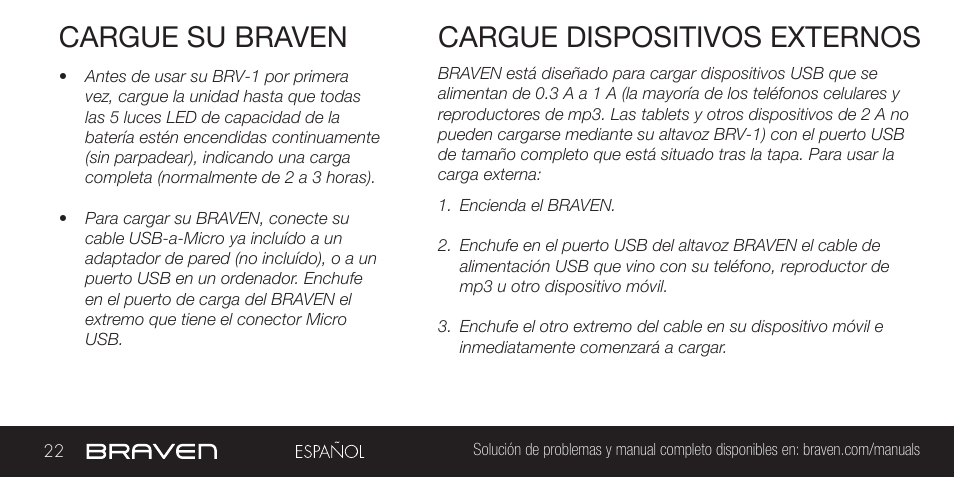 Cargue su braven, Cargue dispositivos externos | BRAVEN BRV-1 User Manual | Page 22 / 56