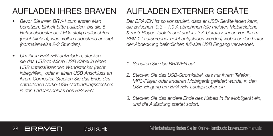 Aufladen ihres braven, Aufladen externer geräte | BRAVEN BRV-1 User Manual | Page 28 / 56