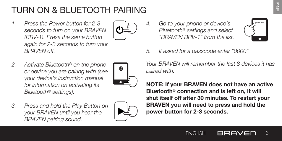 Turn on & bluetooth pairing | BRAVEN BRV-1 User Manual | Page 3 / 56