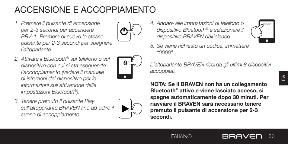 Accensione e accoppiamento | BRAVEN BRV-1 User Manual | Page 33 / 56