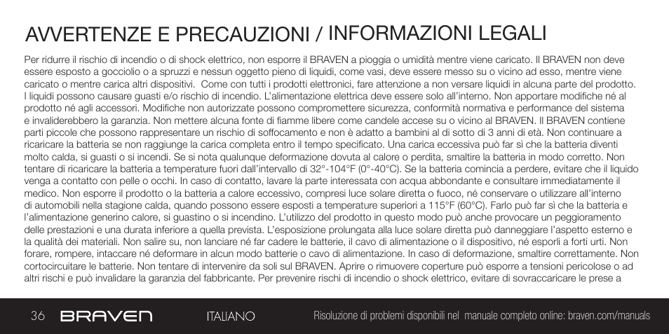 Avvertenze e precauzioni / informazioni legali | BRAVEN BRV-1 User Manual | Page 36 / 56
