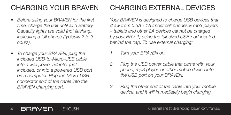 Charging your braven, Charging external devices | BRAVEN BRV-1 User Manual | Page 4 / 56