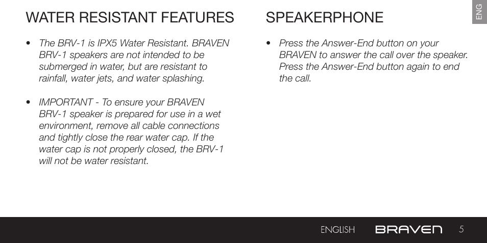 Speakerphone, Water resistant features | BRAVEN BRV-1 User Manual | Page 5 / 56