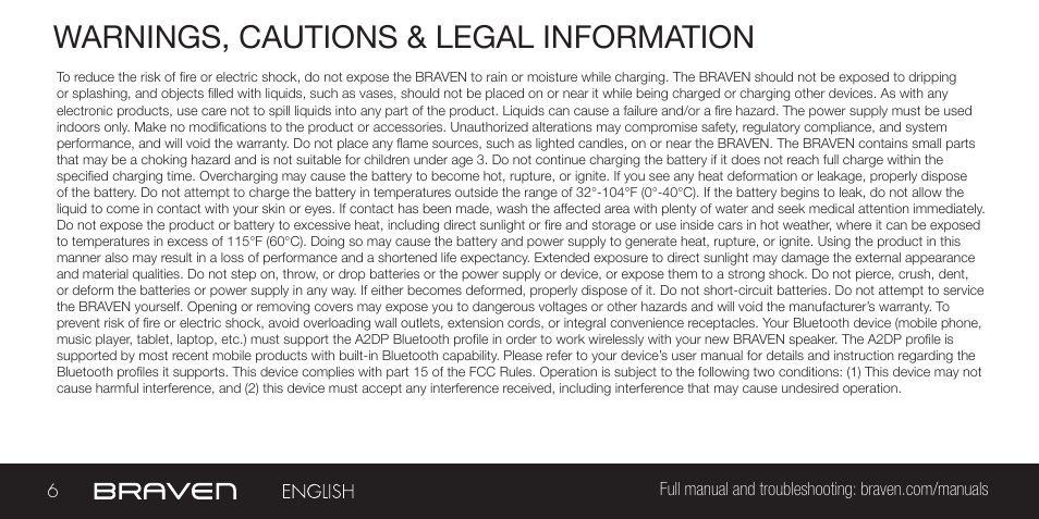 Warnings, cautions & legal information | BRAVEN BRV-1 User Manual | Page 6 / 56