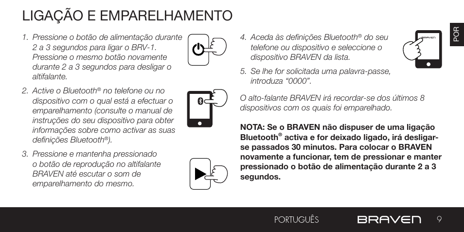 Ligação e emparelhamento | BRAVEN BRV-1 User Manual | Page 9 / 56